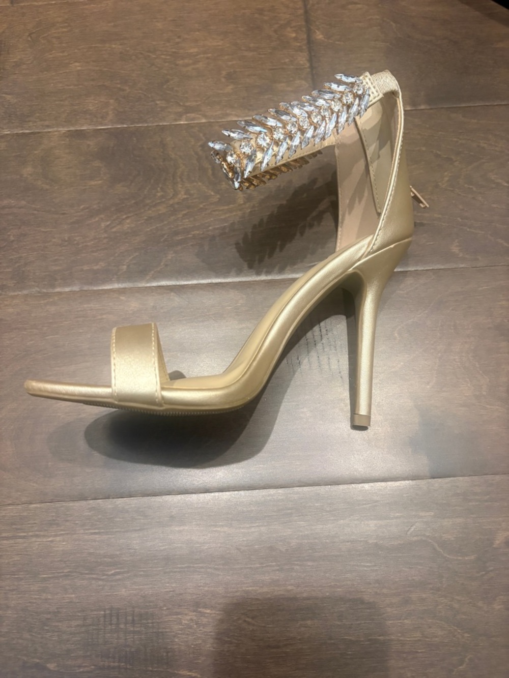 Gold High Heel Ankle Strap Sandal with Crystal Embellishment